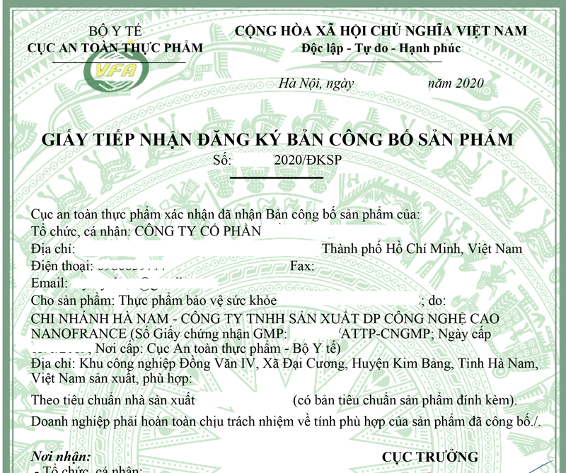 giấy xác nhận công bố thực phẩm chức năng